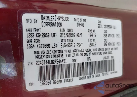 2002 Chrysler Town & Country Lx из США, поврежденный, VIN 2C4GT44L82R544451